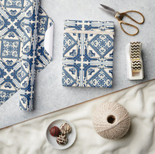 Mediterranean Tiles, Portuguese, Azulejo, Majolica Wrapping Paper