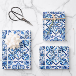 Mediterranean Tiles, Portuguese, Azulejo, Majolica Wrapping Paper Sheet