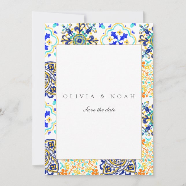 Mediterranean Tiles Save The Date Wedding Card (Front)