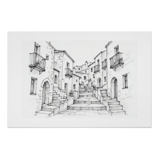 Mediterranean Town Pen Art Poster