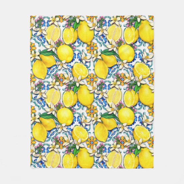 Mediterranean Traditional Pattern With Lemons Fleece Blanket (Front)