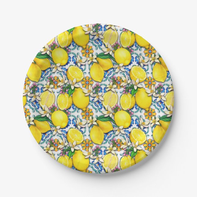 Mediterranean Traditional Pattern With Lemons Paper Plate (Front)