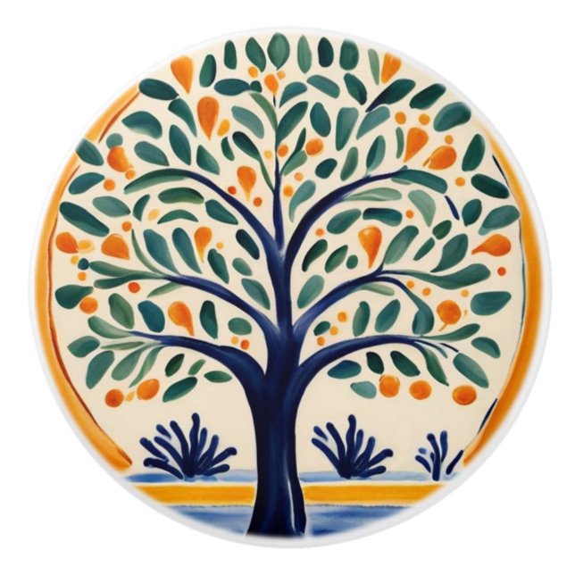 Mediterranean Tree Rustic Blue & Yellow Folk Art Ceramic Knob (Front)