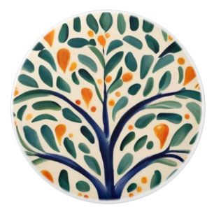 Mediterranean Tree Rustic Green & Yellow Folk Art Ceramic Knob