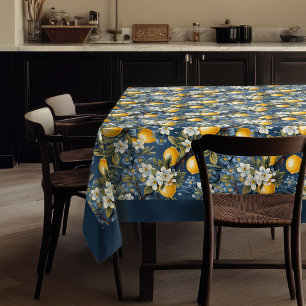 Mediterranean vibrant yellow lemons navy blue tablecloth