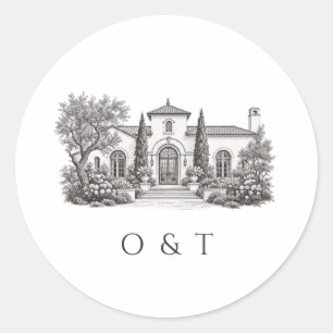 Mediterranean Villa Illustration Elegant Wedding Classic Round Sticker