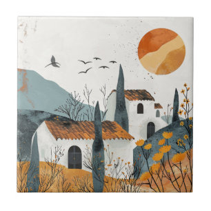 Mediterranean Village Terracotta Sun Landscape Tile