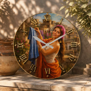 Mediterranean Village Woman Rustic Laundry Scene Large Clock