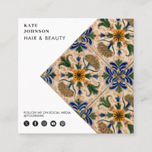Mediterranean Vintage Floral QR Code Social Media Square Business Card