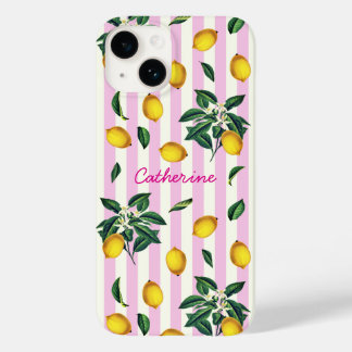 Mediterranean Vintage Lemons Pink Stripes Name Case-Mate iPhone 14 Case