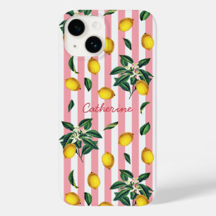 Mediterranean Vintage Lemons Pink Stripes Name Case-Mate iPhone 14 Case