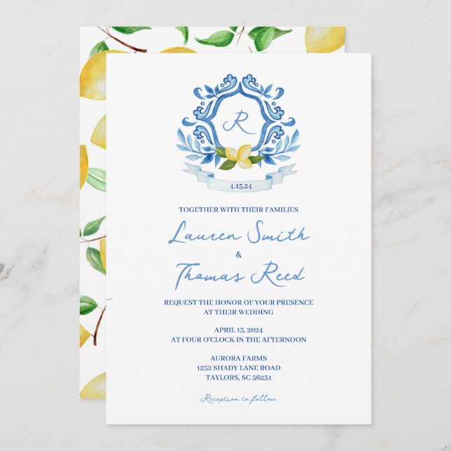 Mediterranean Watercolor Blue with Lemons Wedding Invitation (Front/Back)