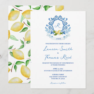 Mediterranean Watercolor Blue with Lemons Wedding Invitation