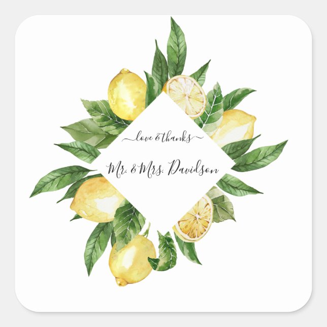 Mediterranean Watercolor Lemon Tropical Wedding Square Sticker (Front)