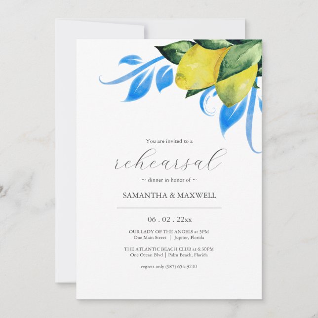 Mediterranean Wedding Lemon Rehearsal Dinner Invitation (Front)