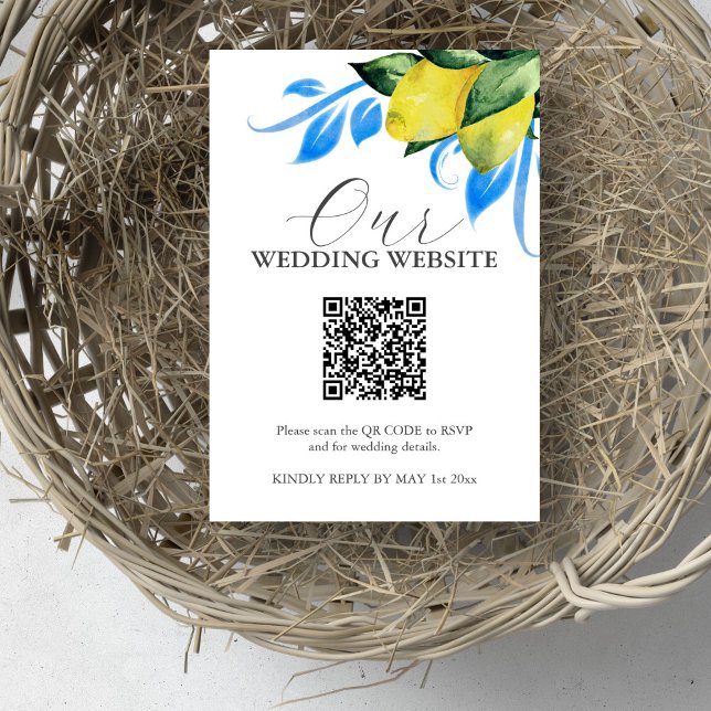 Mediterranean Wedding Website RSVP Card QR Code (Wedding invitation insert website QR code watercolor lemon art by Victoria Grigaliunas)