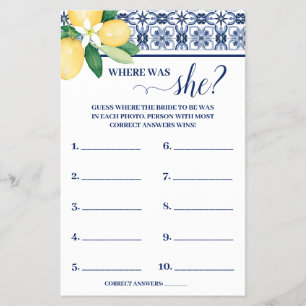 Mediterranean Where was Bride Shower Game Card
