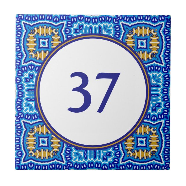   Mediterranean White and Blue House Number Plaque Tile (Front)