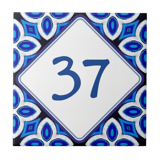   Mediterranean White and Blue House Number Plaque Tile (Front)