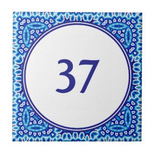   Mediterranean White and Blue House Number Plaque Tile