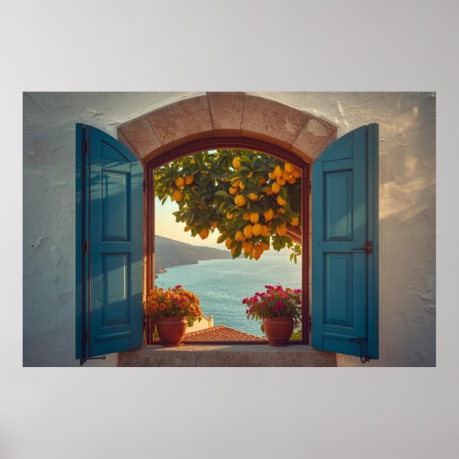 Mediterranean window view frame Coast Lemon Balcon Poster (Front)
