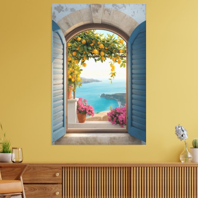 Mediterranean window view frame - coastal lemon canvas print (Insitu(LivingRoom))