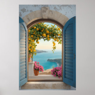 Mediterranean window view frame - coastal lemon poster