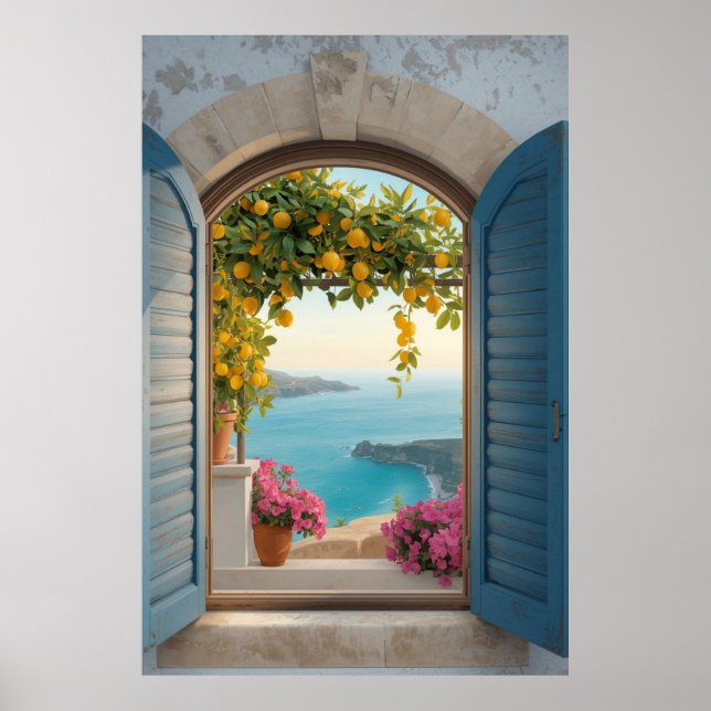 Mediterranean window view frame - coastal lemon poster (Front)
