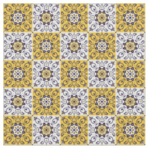 Mediterranean Yellow & Blue Floral Tile Fabric