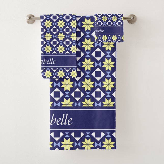 Mediterranean Yellow Blue Floral Tile Pattern Name Bath Towel Set (Insitu)