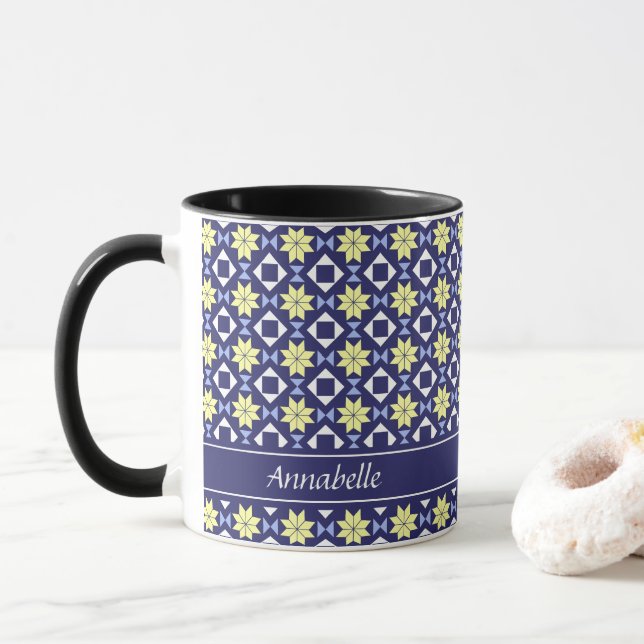 Mediterranean Yellow Blue Floral Tile Pattern Name Mug (With Donut)