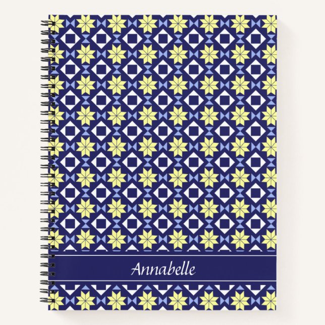 Mediterranean Yellow Blue Floral Tile Pattern Name Notebook (Front)