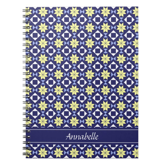 Mediterranean Yellow Blue Floral Tile Pattern Name Notebook (Front)