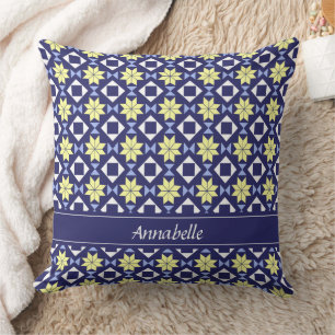 Mediterranean Yellow Blue Floral Tile Pattern Name Throw Pillow