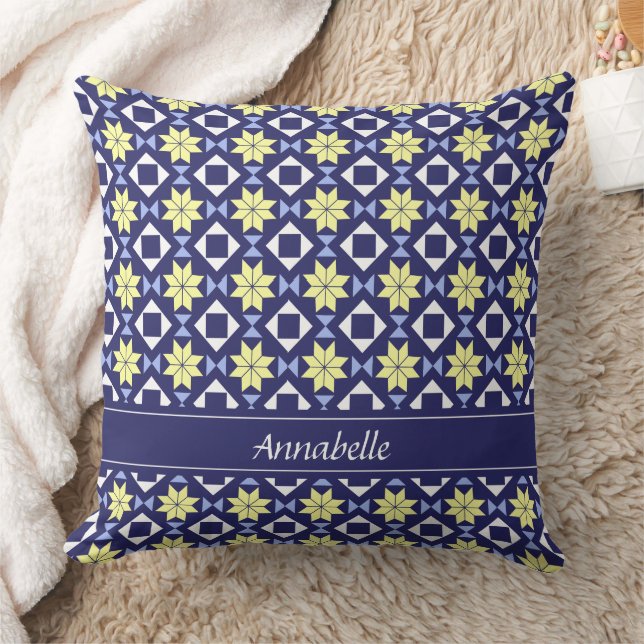 Mediterranean Yellow Blue Floral Tile Pattern Name Throw Pillow (Blanket)