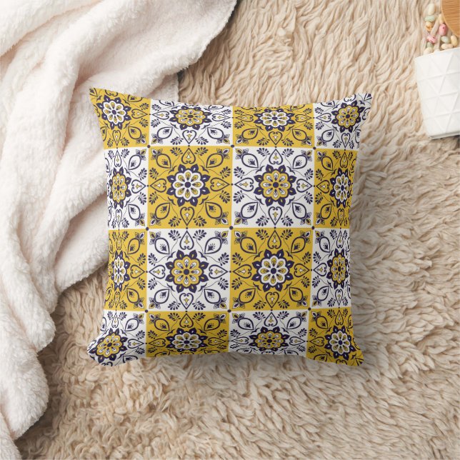 Mediterranean Yellow & Blue Floral Tile Throw Pillow (Blanket)