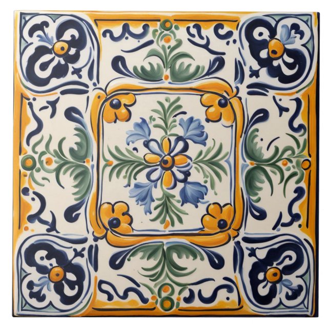 Mediterranean Yellow & Blue Flower Folk Art Floral Tile (Front)