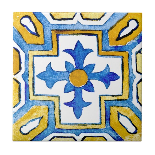 Mediterranean yellow blue watercolour cross   tile (Front)