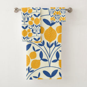 Mediterranean Yellow Lemons on Blue scallop shapes Bath Towel Set