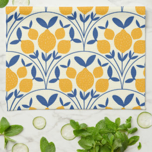 Mediterranean Yellow Lemons on Blue scallop shapes Kitchen Towel