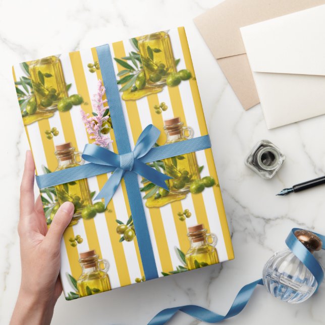Mediterranean Yellow Stripe Pattern Olive Oil Wrapping Paper (Gifting)
