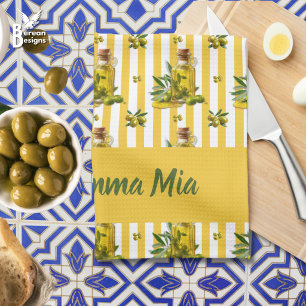Mediterranean Yellow Stripe Personalized Olive Oil Kitchen Towel