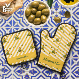 Mediterranean Yellow Stripe Personalized Olive Oil Oven Mitt & Pot Holder Set