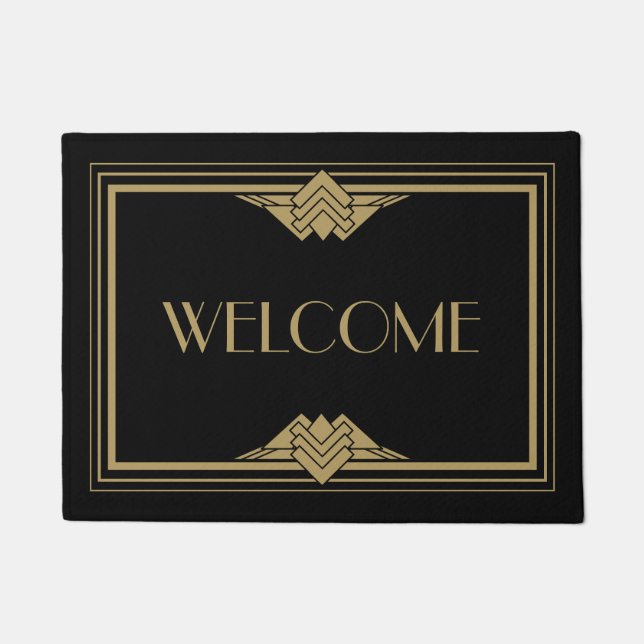 Medium Art Deco Geometric Black Gold Welcome  Doormat (Front)