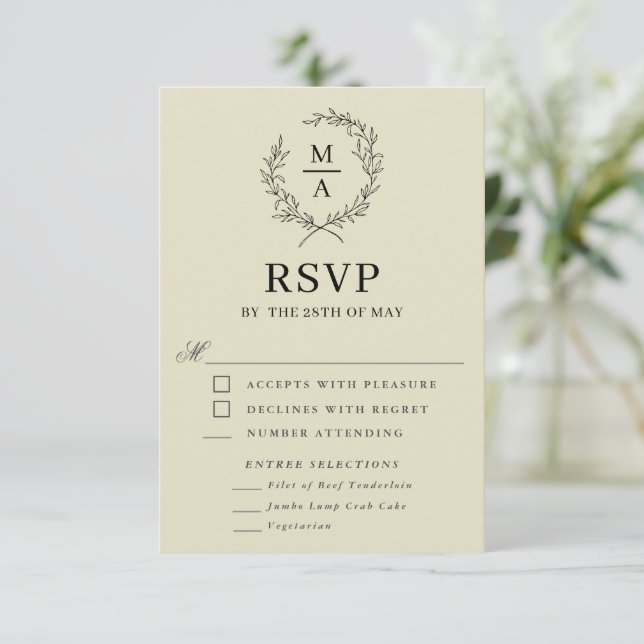 Medium Beige Simple Elegant Monogram RSVP and Meal Card (Standing Front)