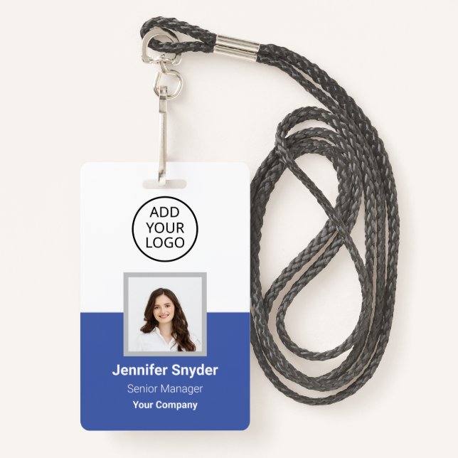 Medium Blue, Employee Photo ID w/ QR Code, Company Badge (Front with Lanyard)