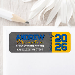Medium Blue & Gold Chalkboard Grad Return Address