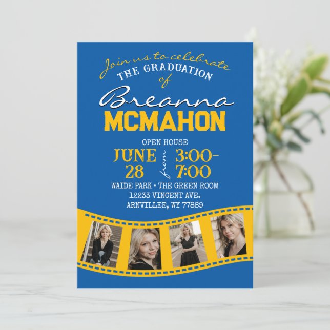 Medium Blue & Gold Filmstrip 5 Photo Graduation Invitation (Standing Front)