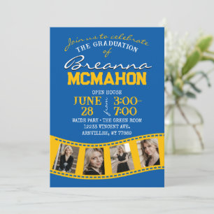 Medium Blue & Gold Filmstrip 5 Photo Graduation Invitation