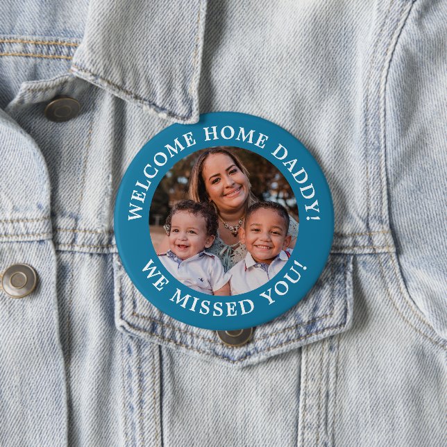 Medium Blue Simple Message Arched Text and Photo 4 Inch Round Button (In Situ)